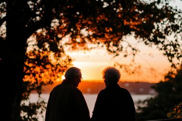 Fototapeta premium Senior couple viewing sunset over lake, enjoying golden years, nature background