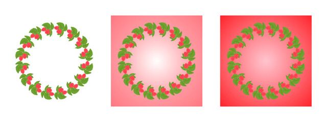 Raspberry round frame isolated on a white background, three options. Red berries and green leaves in the flat style. The center of the frame is free for your inscription. Templates for decor.