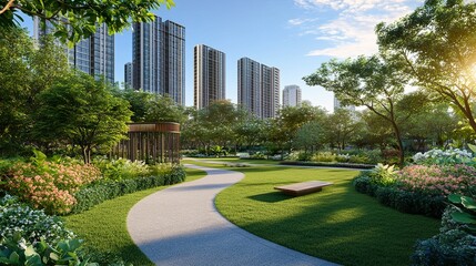 Fototapeta premium Lush urban park vibrant lawns lead toward modern skyline serene oasis vibrant greenery peaceful vibes. 