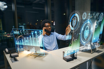 Professional Working With Digital Data And Innovative Interface In Modern Office Setting