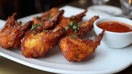 Fototapeta premium Crispy fried chicken wings served with a tangy dipping sauce.