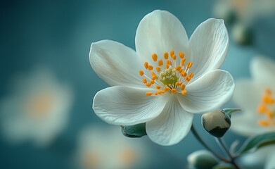 Fototapeta premium Close-Up of a White Flower with Yellow Stamens Against a Soft Blue Background