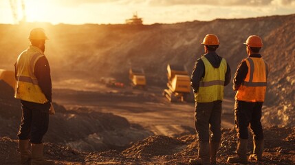 Team of Rugged Mining Contractors in Protective Gear at Sunset