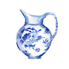 Antique chinese blue vase, asia porcelain, china ceramic, vintage pott.  Watercolor illustration clipart.