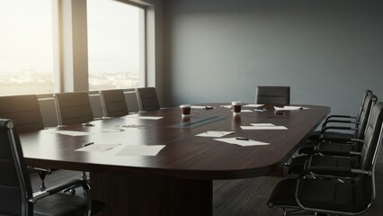 Empty boardroom features modern furniture, urban skyline view, designed for meetings, emphasizing professionalism and collaboration
