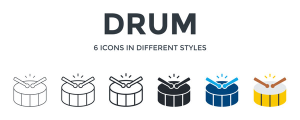 Drum Icon In Different Style Vector Illustration. Designed In Thin Line, Regular Line, Bold Line, Glyph, Color Fill, And Flat Style Can Be Used For Web