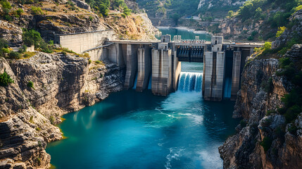 A hydroelectric dam facility nestled between rugged cliffs, with clear blue water flowing through its turbines