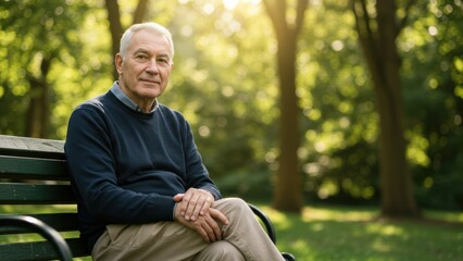 Obraz premium Senior Caucasian man sitting on bench in park enjoying natural light and greenery reflecting well being and mindfulness