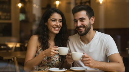 Middle Eastern woman and Caucasian man holding cups in café, smiling happily, enjoying coffee and conversation