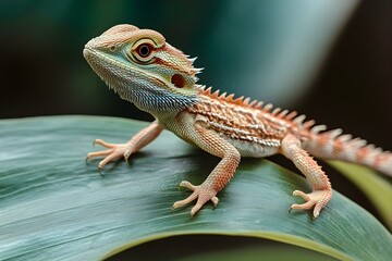 Fototapeta premium Playful Baby Bearded Dragon: Charming Moment of Lizard Enjoying a Leaf in Natural Harmony