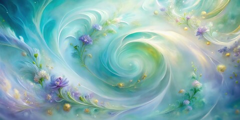 Fototapeta premium Whimsical Floral Dreamscape A swirling vortex of ethereal beauty, showcasing delicate flowers and shimmering light particles against a backdrop of vibrant aqua and lavender hues.