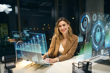 Smiling Professional Woman Using Futuristic Holographic Technology Interface At Night Office