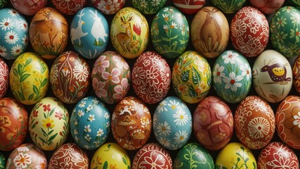 Colorful decorated Easter eggs featuring floral and animal designs Represents holiday joy and seasonal traditions