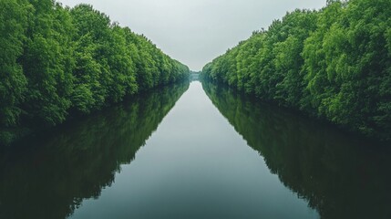 Obraz premium Serene River Reflecting Lush Forest: A Peaceful Nature Escape
