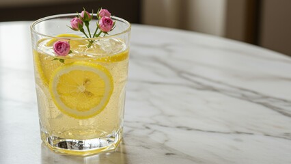Glass of lemonade with lemon slices and pink roses on marble table Refreshing beverage for summer gatherings