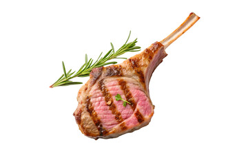 Perfectly Grilled Lamb Chop with Rosemary Sprig on a Clean Background.