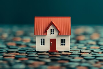 A miniature house sits atop a pile of coins, symbolizing real estate investment and financial growth.