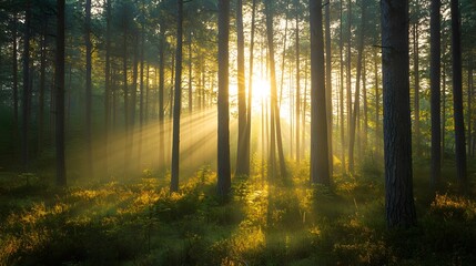 Fototapeta premium A dense pine forest with rays of sunlight breaking through the trees at dawn