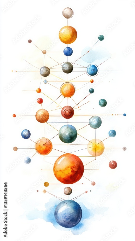 Leinwandbilder abstract cosmic design with colorful spheres and dynamic lines in soft watercolor style