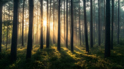 Obraz premium A dense pine forest with rays of sunlight breaking through the trees at dawn