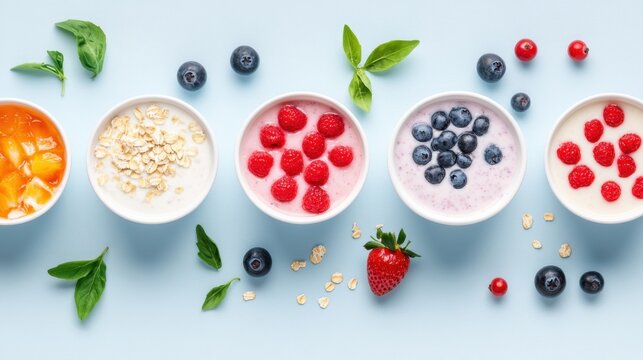 Fresh overnight oats served with colorful fruits on top, laid out on a table, emphasizing healthy eating.