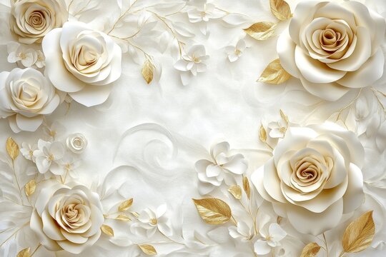 Elegant white roses and gold accents floral design.  Delicate paper flowers, sculpted and layered on a textured background, with accents of gold leaf - Powered by Adobe
