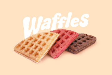 Waffle Slices–Chocolate, Vanilla, and Strawberry Flavors on Neutral Background for ads promotions and social media