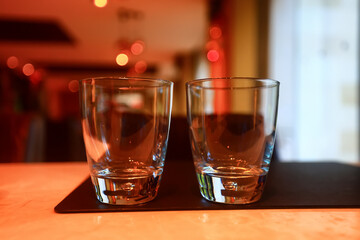 a glass of cold water on the table in the restaurant