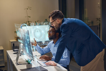 Teamwork In Computer Security, Professionals Discussing Cybersecurity Solutions On Advanced Digital Interfaces