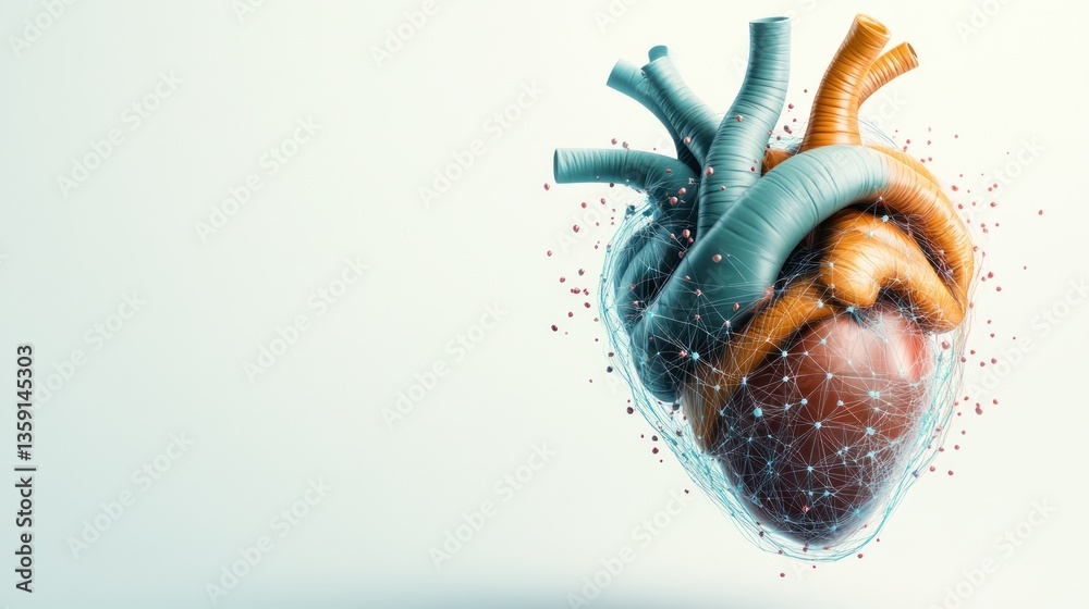Poster abstract 3d render of a human heart with network connections and vessels medical science and technol