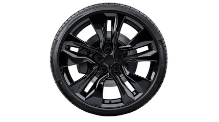 Fototapeta premium Sleek black alloy wheel showcasing modern design and craftsmanship.