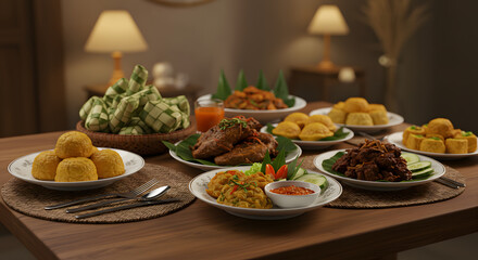 Indonesian Eid al-Fitr Feast: Ketupat, Fried Chicken, and Traditional Dishes