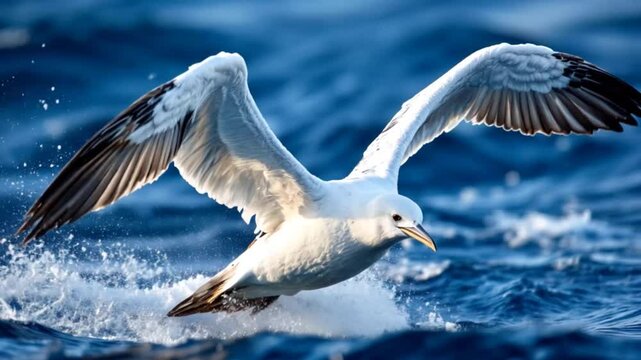 A close up of an albatross&rsquo;s wings as it flaps slowly, gliding over the waves, showcasing the bird&rsquo;s impressive wingspan and effortless flight in stunning detail.