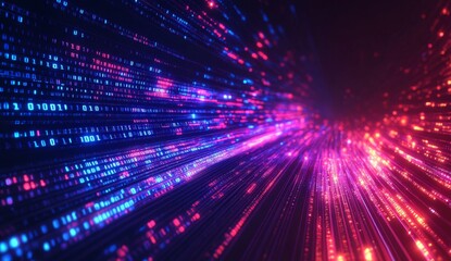Abstract digital data stream with vibrant colors, a dynamic effect of moving binary code, creating a futuristic, high-tech visual experience