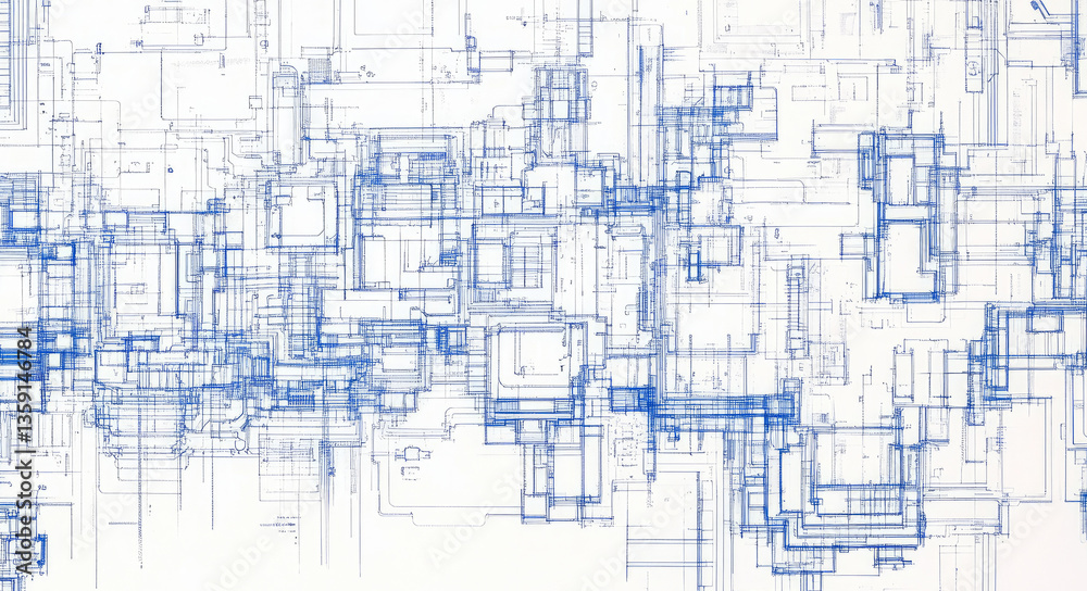 Poster a complex pattern of blue lines creating a visually striking abstract representation of circuitry an