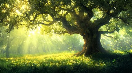 Fototapeta premium Majestic oak tree in sunlit clearing branches stretching skyward dappled light serene lush green glade peaceful ambiance. 