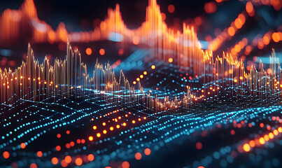 Abstract visualization of data waves with vibrant orange and blue colors representing digital signals