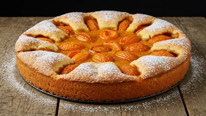 Apricot tart with fresh apricots and powdered sugar on rustic table Delicious dessert for gatherings, comfort food