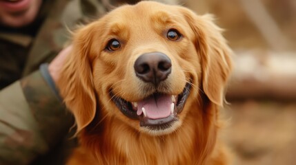 Fototapeta premium Happy golden retriever enjoying an outdoor walk, smiling as a man strokes its head. Pet companionship and love.