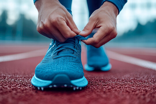 A close-up shot of an athlete tying their shoelaces on a running track, preparing for an intense athletic competition ahead.