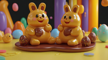 Obraz premium Cute chocolate bunnies with eggs on colorful background