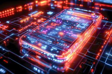 Fototapeta premium An abstract representation of a glowing smartphone surrounded by intricate circuit patterns, embodying modern technology.
