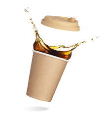 falling disposable paper cup with coffee splash isolated on white background
