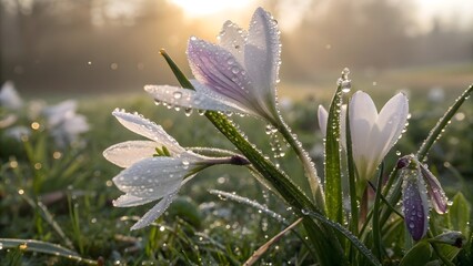 Purple Crocus Flowers Blooming in a Spring Meadow
