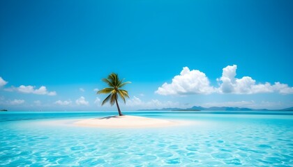 Fototapeta premium Tropical paradise, lone palm tree, tiny island, crystal clear turquoise water, pristine white sand beach, vibrant blue sky, fluffy white clouds.