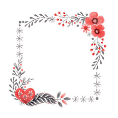 Square wreath with flower and heart in folk style. Stylized illustration in red and gray colors for wedding invitation creating. Hand drawn composition is perfect for romantic and love card design.