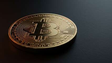 Bitcoin gold coin on dark surface represents cryptocurrency investment, finance, economics, and digital currency themes