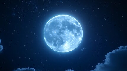 Obraz premium Full blue moon in night sky with stars and clouds.