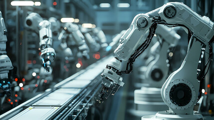 Obraz premium A futuristic scene featuring robotic arms working in a high-tech factory environment, showcasing automation and precision in manufacturing.
