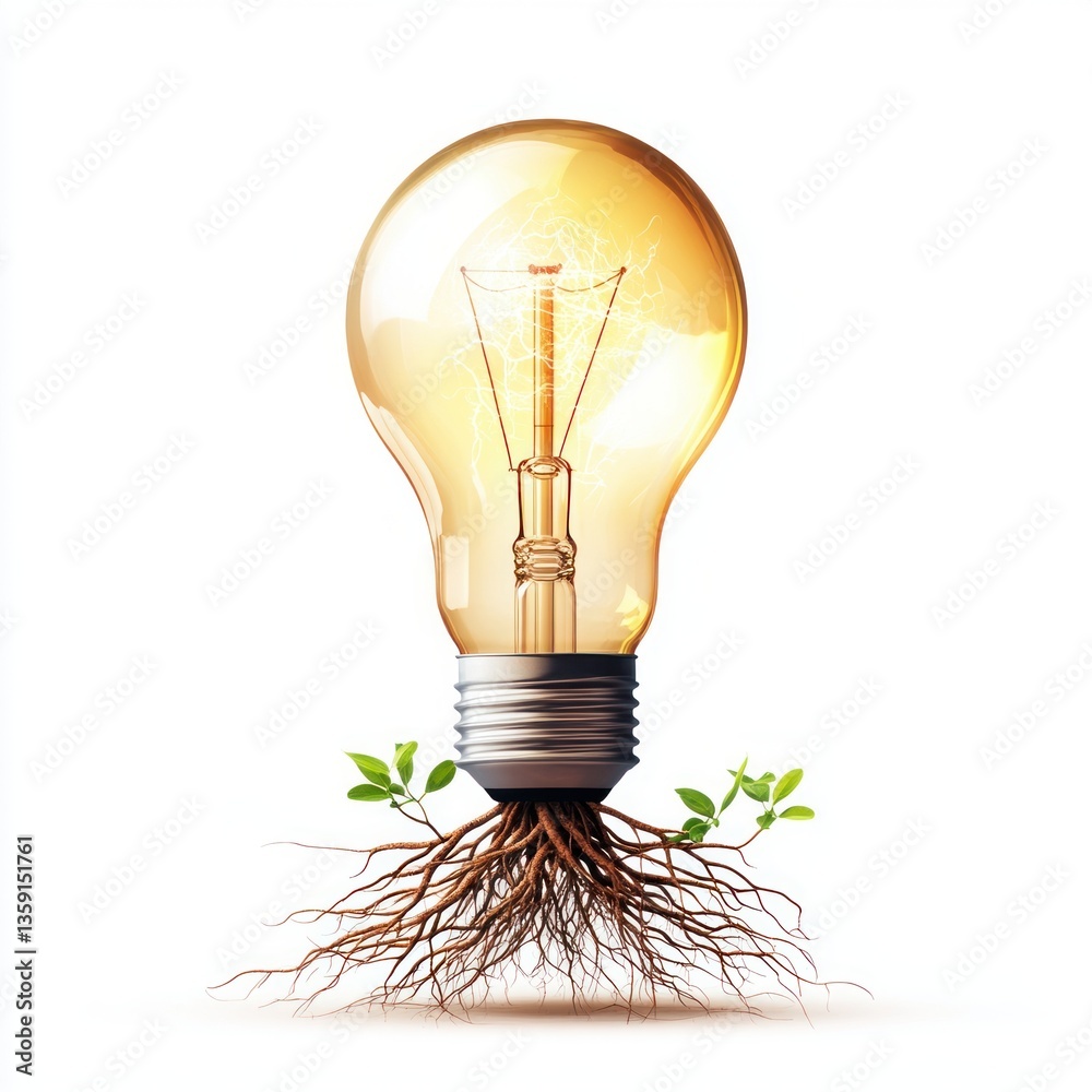 Aufkleber Light Bulb with Roots and Green Sprouts Symbolizing Growth and Innovation in Nature
